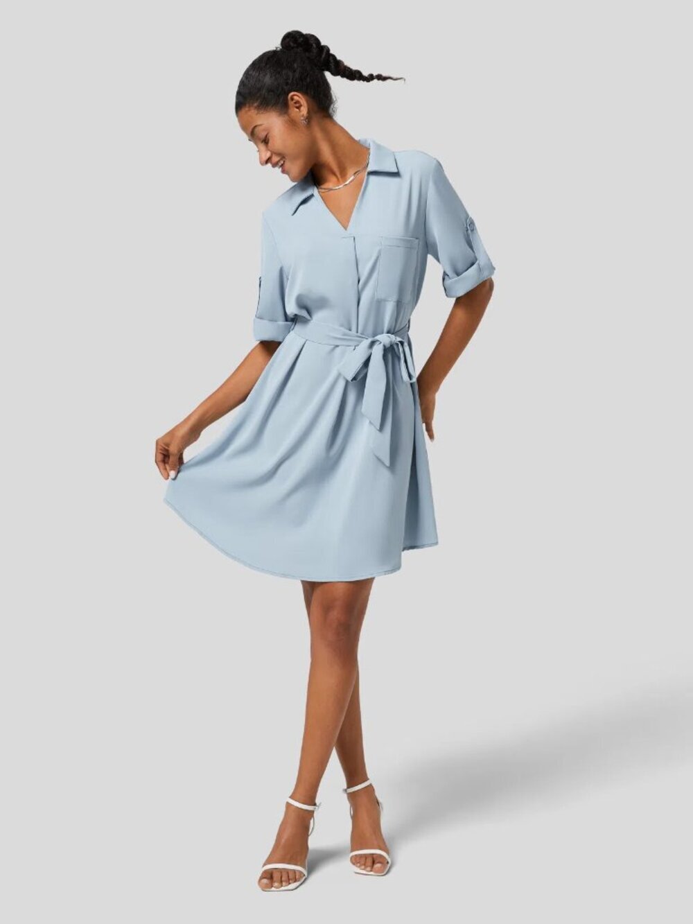 Halara Roll Up Sleeve Belted Relaxed Work Shirt Dress Midi Blue NWT New Medium